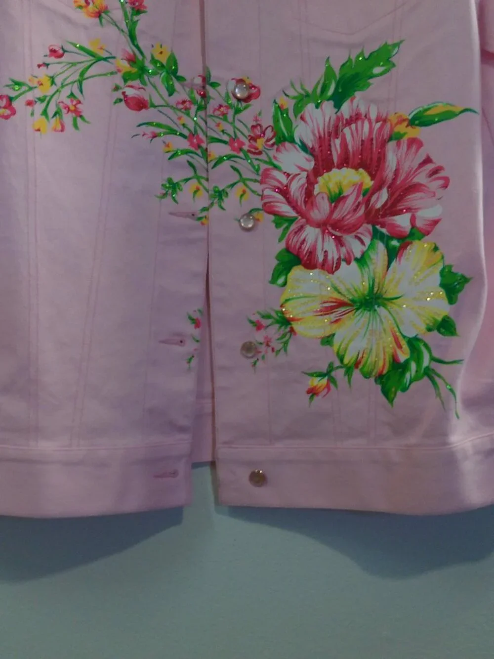DIANE'S ESSENTIALS Pink Denim Jacket Size Large - Picture 2 of 11